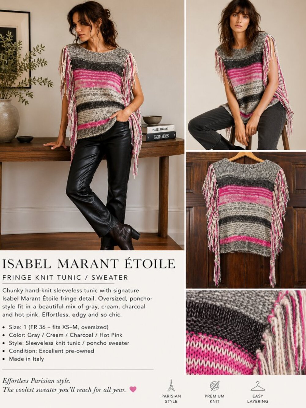 Isabel Marant Étoile Pink Gray Fringe Chunky Knit Poncho Sweater